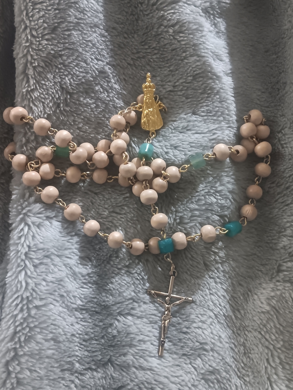 Wood and Turquoise Rosary with Gold Medal and Gold Crucifix